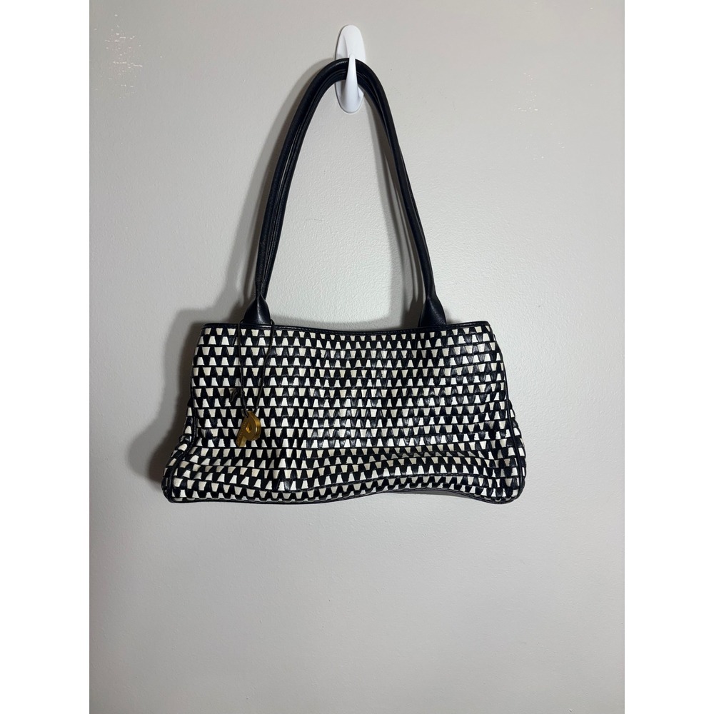 Picard Leather Handbag Black White Geometric Pattern Shoulder Bag‎ Gold Logo